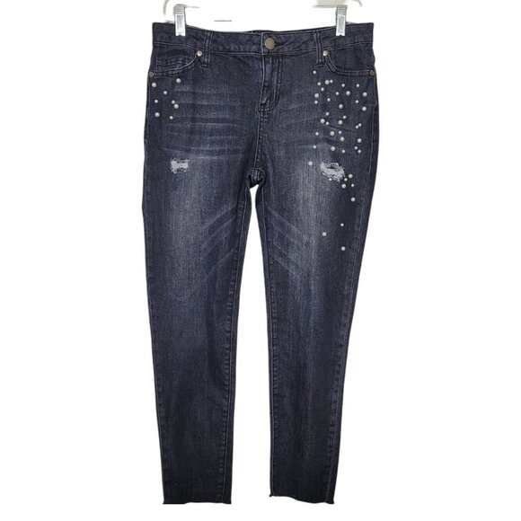 Easel Los Angeles Black distressed Skinny Ankle Jeans Pearl Embellishment Large - Picture 1 of 8